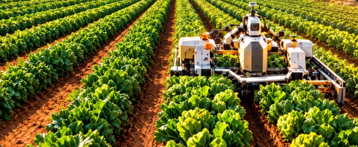 Robot agricole entre des rangs de cultures maraîchères