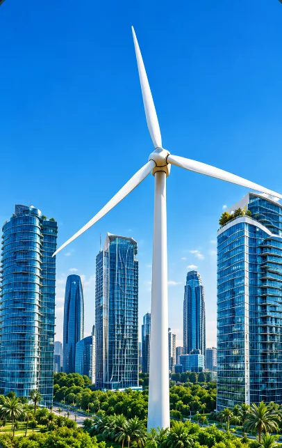 Éolienne au milieu de tours de verre et de jardins, dans une ville africaine