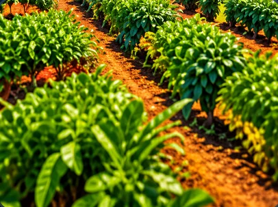Rangs d'une plantation verdoyante sur terre rouge